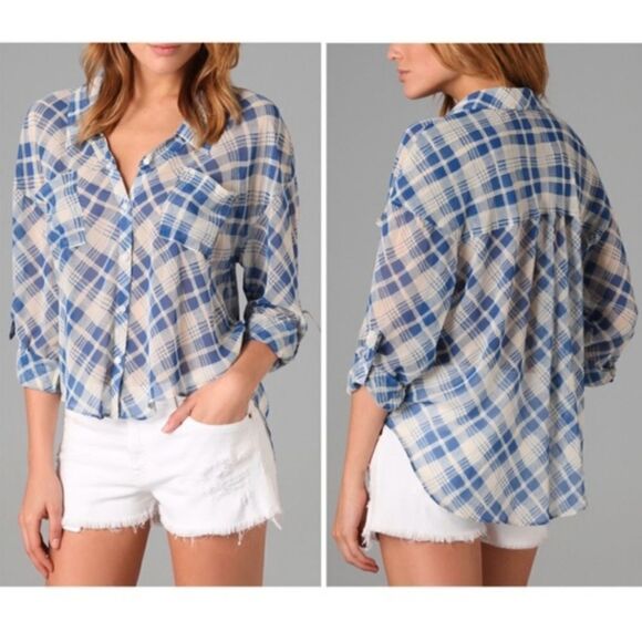 Free People Easy Rider Plaid Sheer Button Down Shirt, Gray and White - Picture 1 of 15
